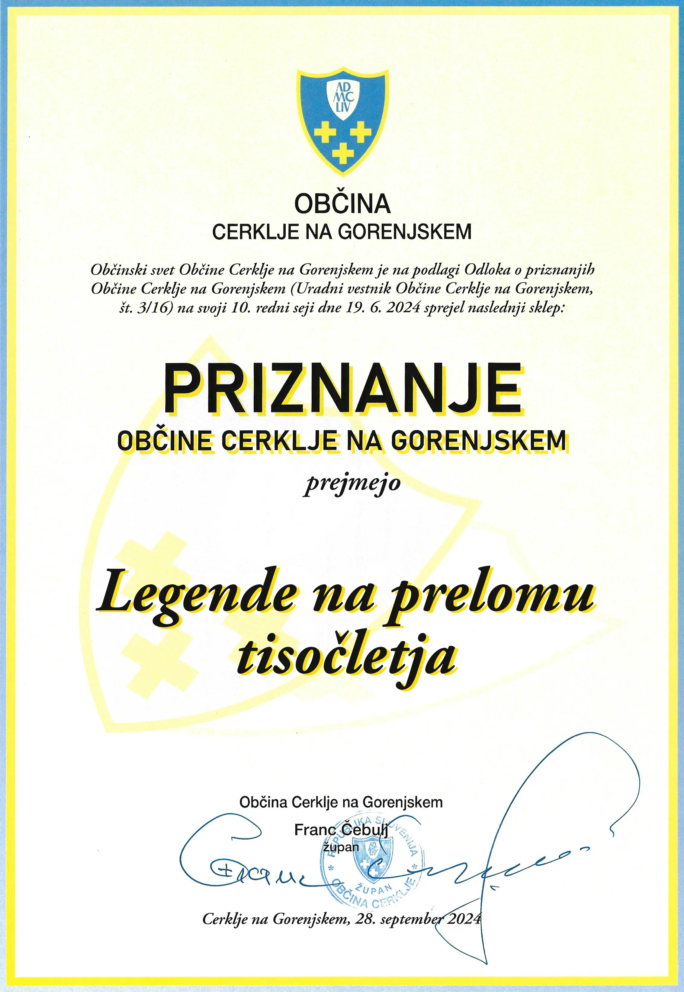 Slika priznanja občine Cerklje